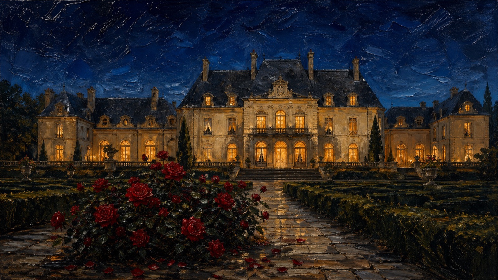 Oheka Castle at dusk — the exterior of the Long Island mansion where the Blank Space music video was shot in September 2014.
